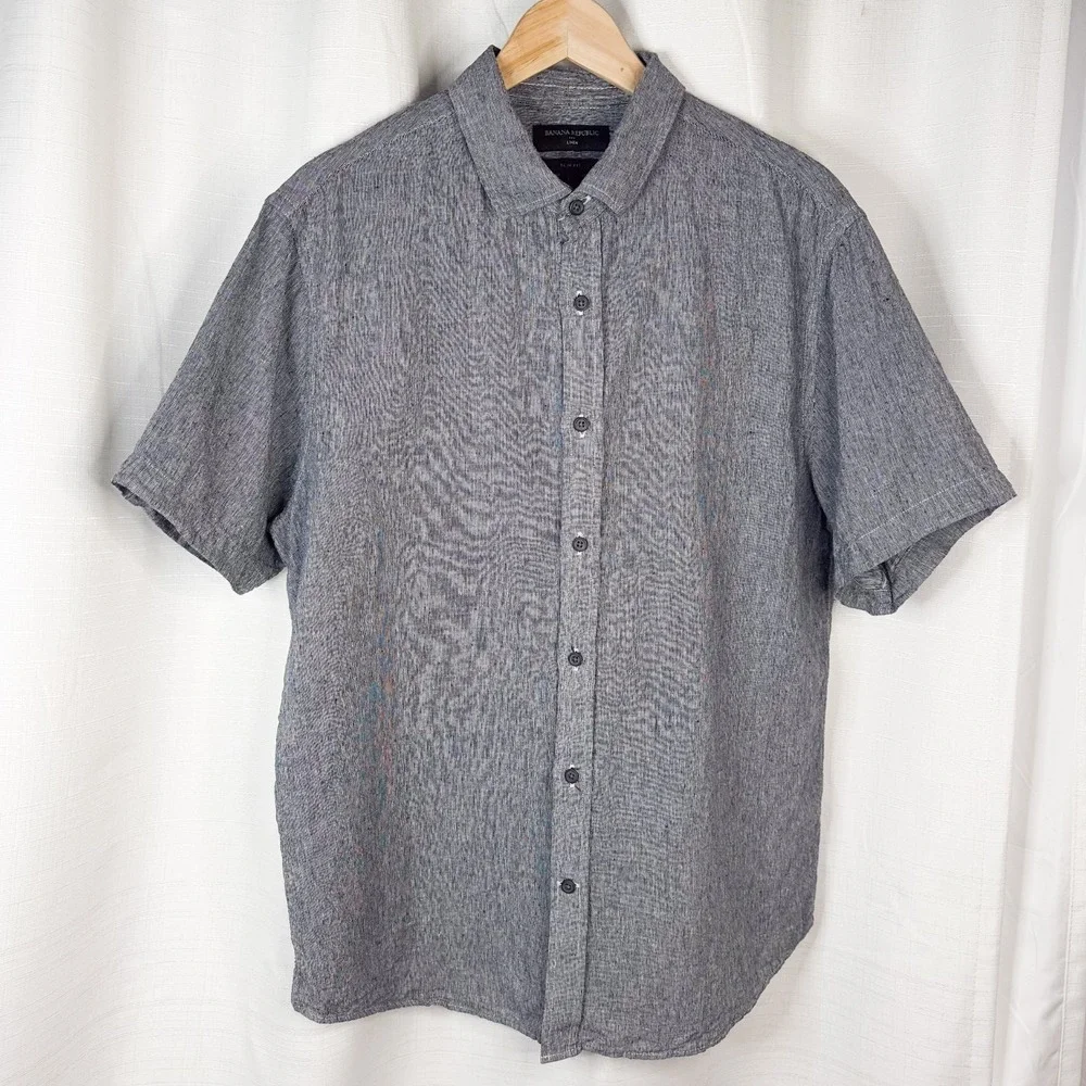 Banana Republic Linen Shirt Mens Large Navy Slim Fit Short Sleeve Button Up